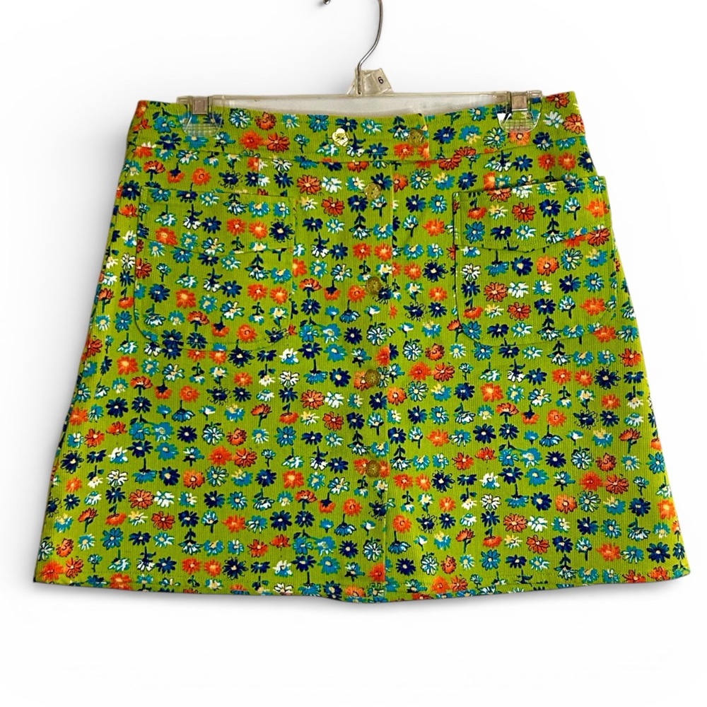 Vintage Bright Lime Green Ditsy Floral Mini Skirt Pockets Unique Button Front 12